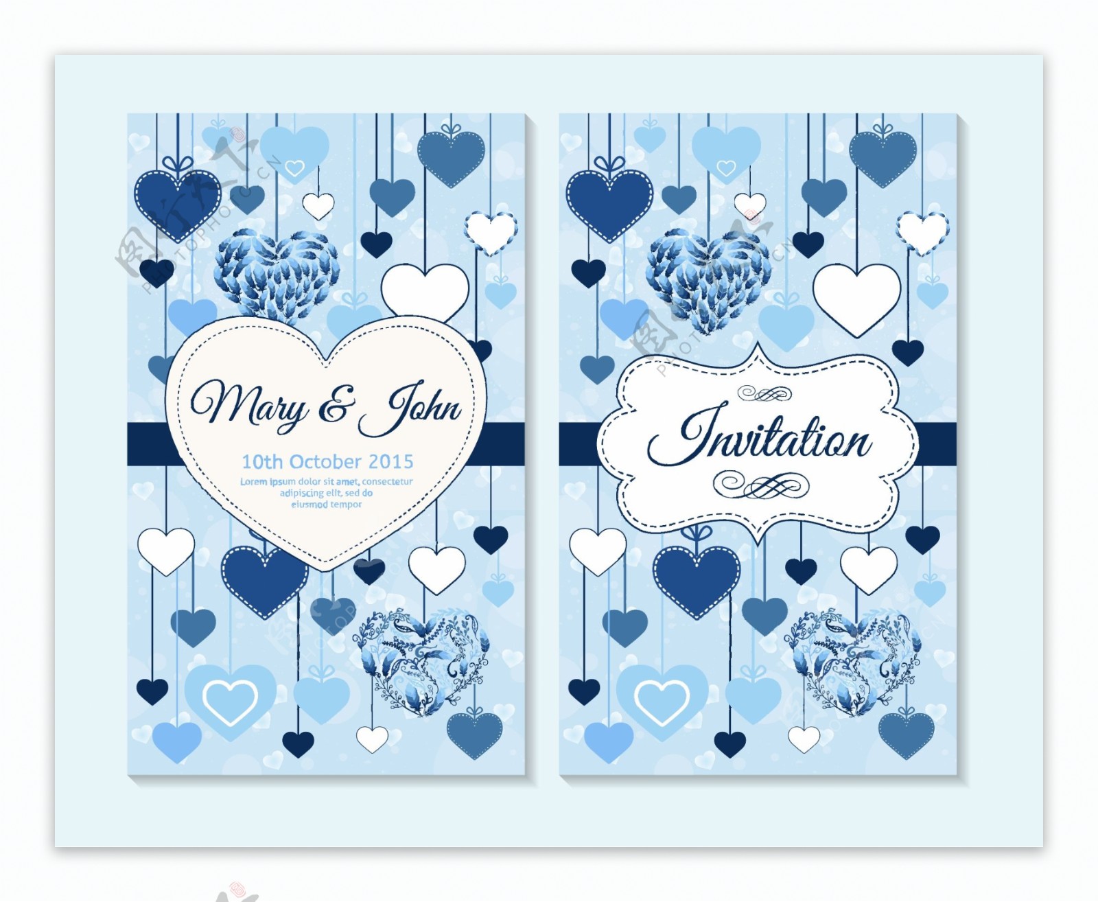 蓝色心形花纹婚礼贺卡模板下载