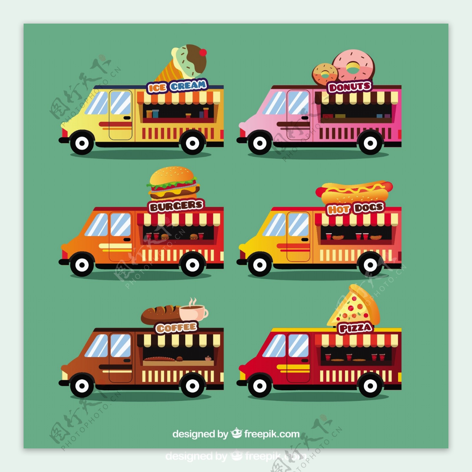 6种不同的食品卡车模型收集