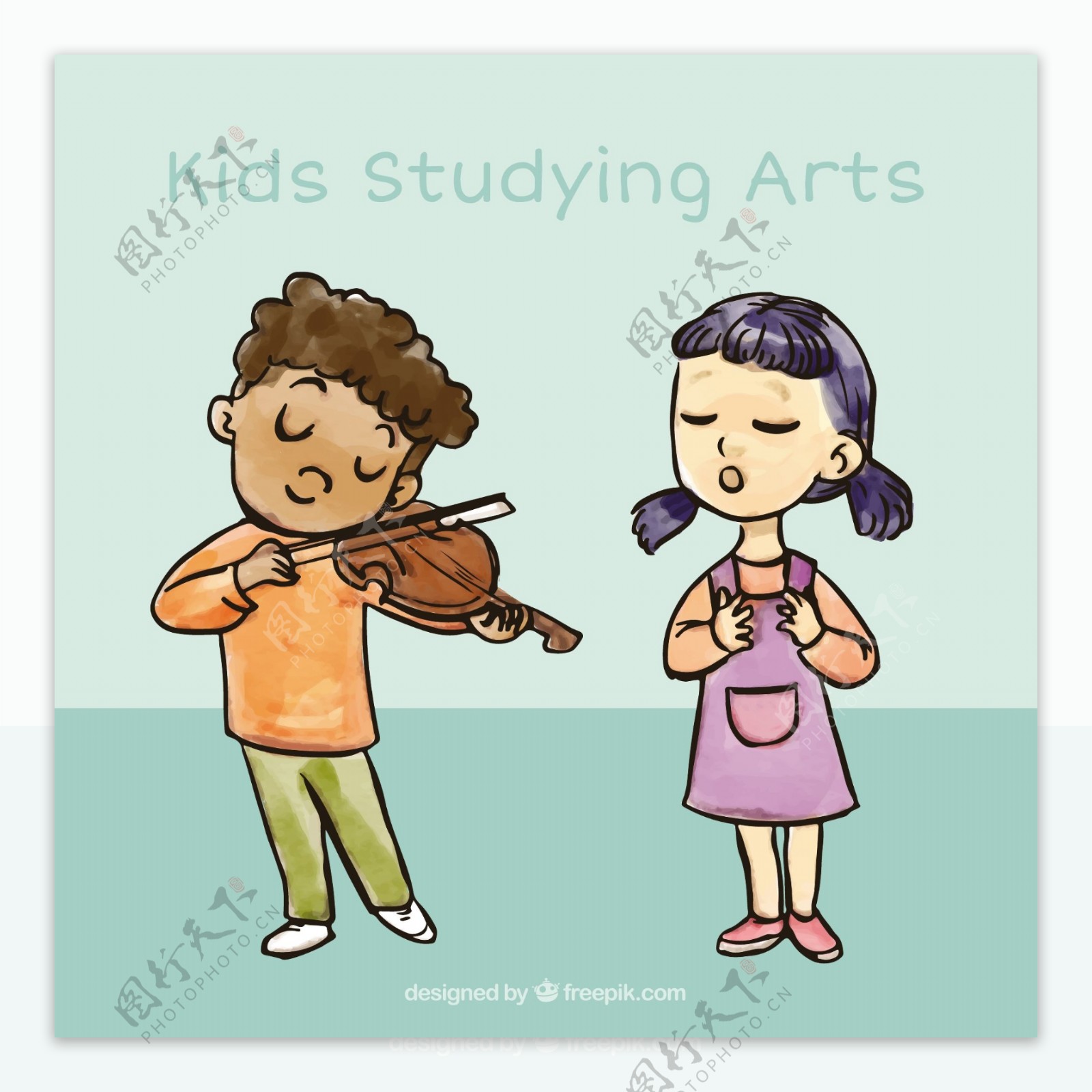 拉小提琴的男孩和女孩唱歌