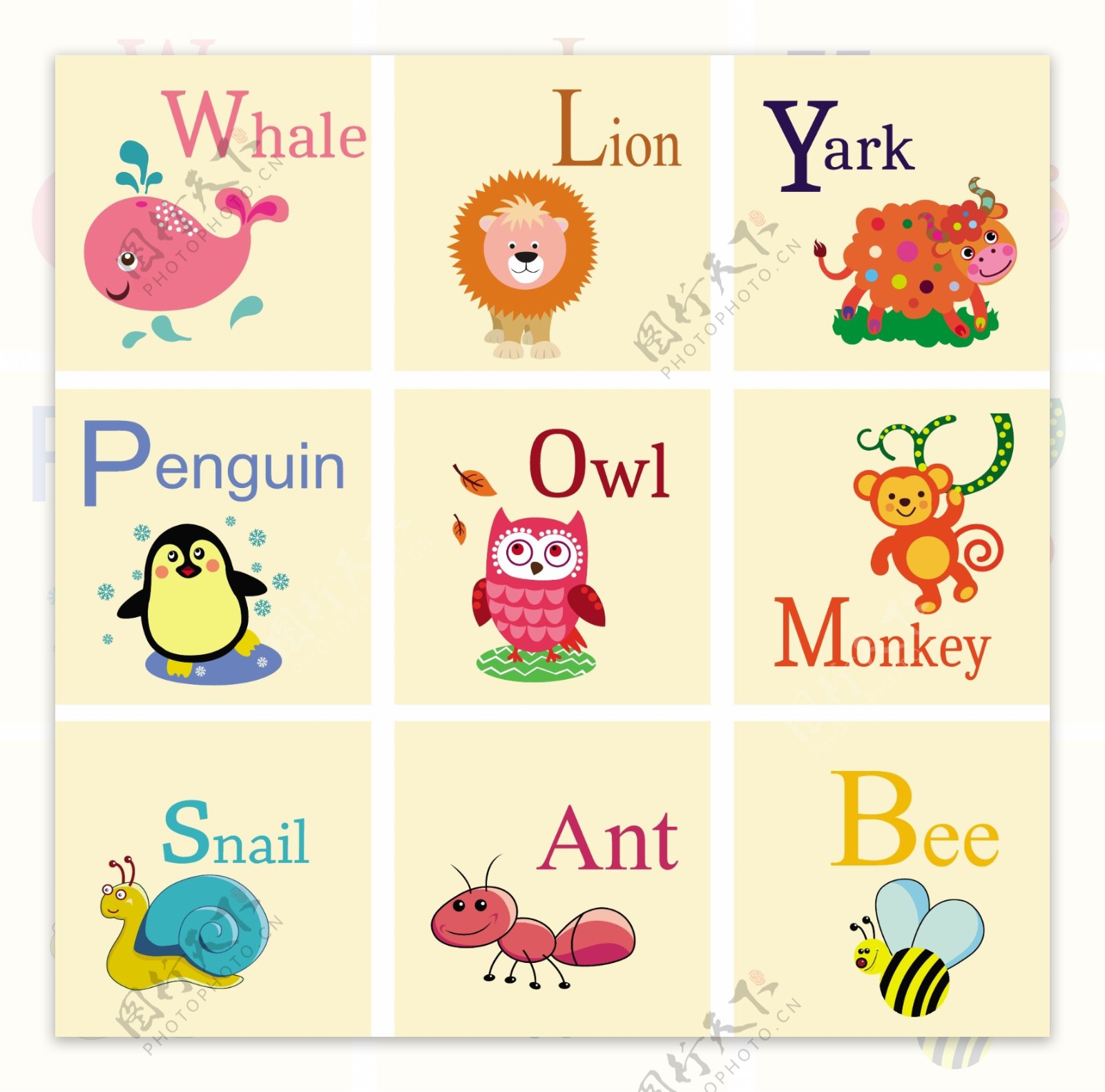 免费教育字母集与可爱的动物插图向量