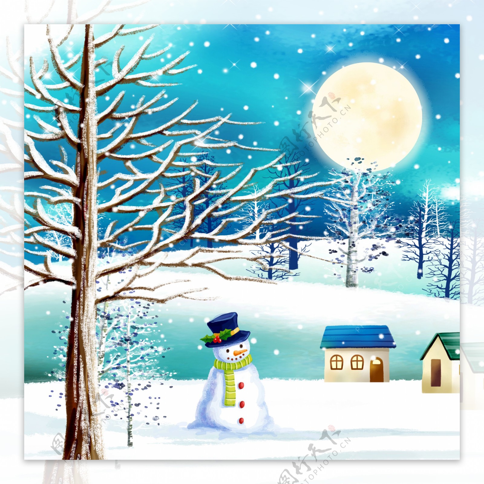 雪人与白茫茫的雪景无框画高清图片