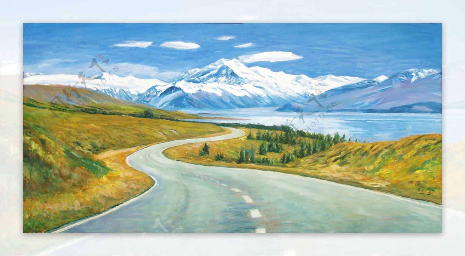 油画草原雪山与公路图片