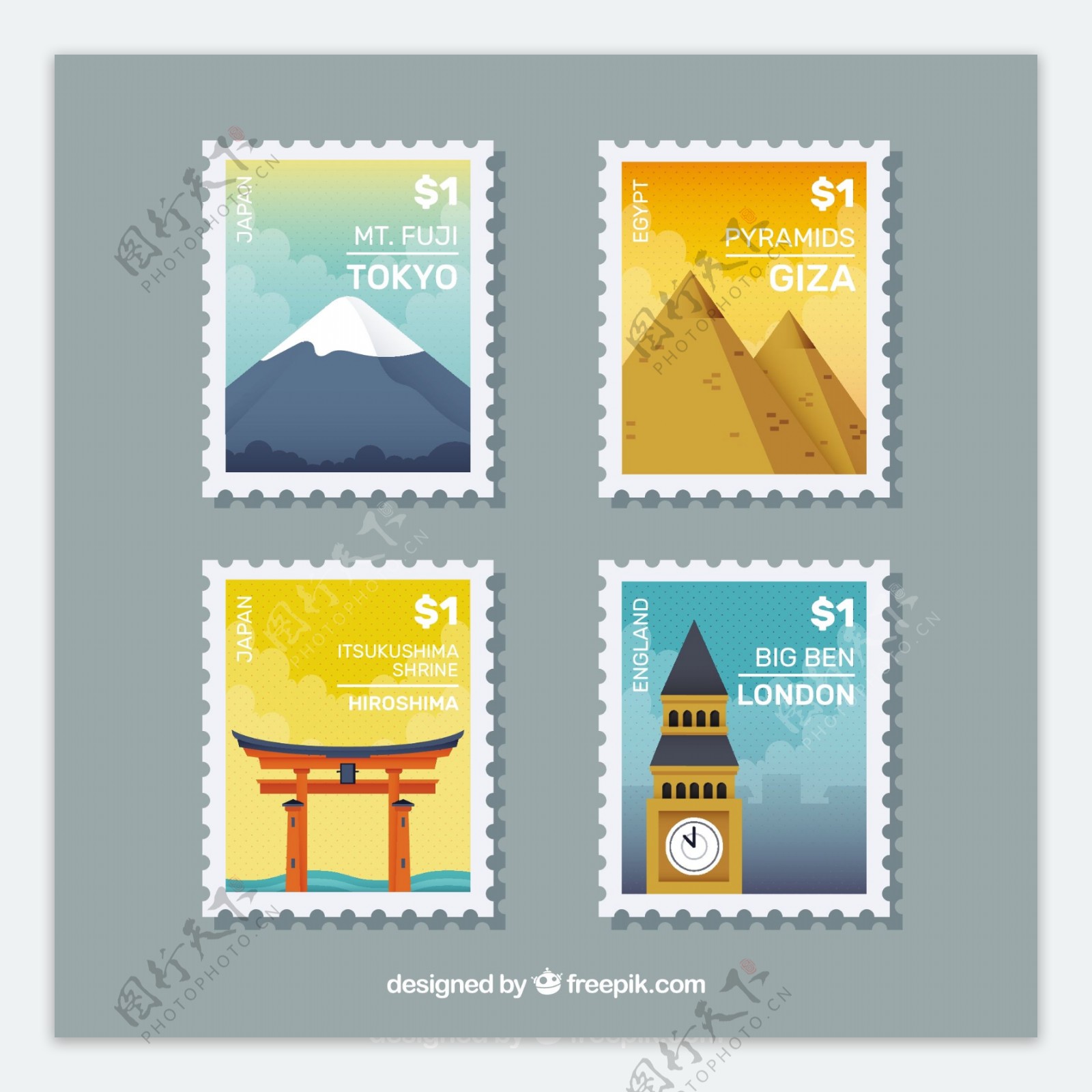 城市邮票平面设计图标