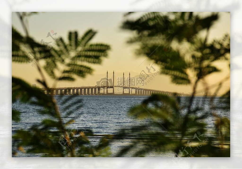 海滩桥日出亚洲边框马来西亚槟城