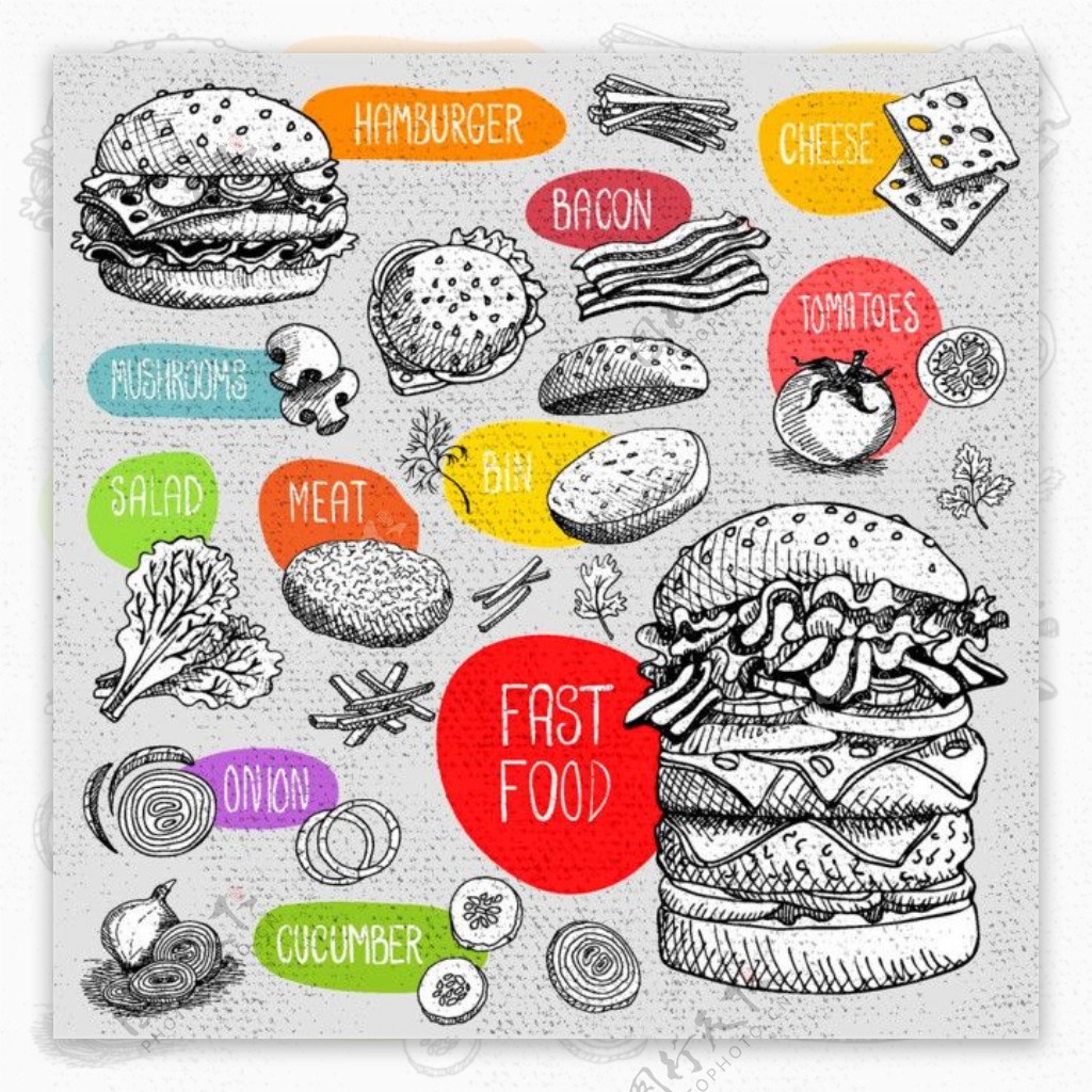 汉堡包美食素描图片
