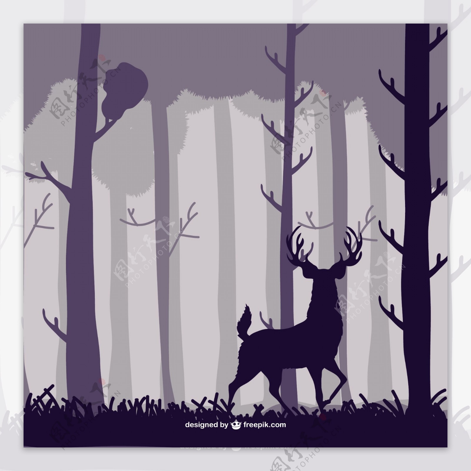 森林的树木和鹿的剪影