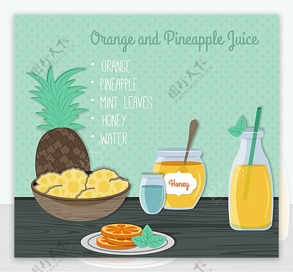 美味橙子和菠萝汁矢量素材图片