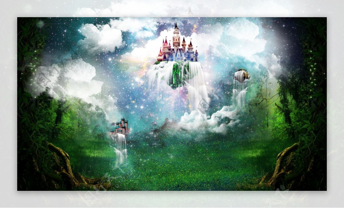 原创梦幻彩色空中城堡背景