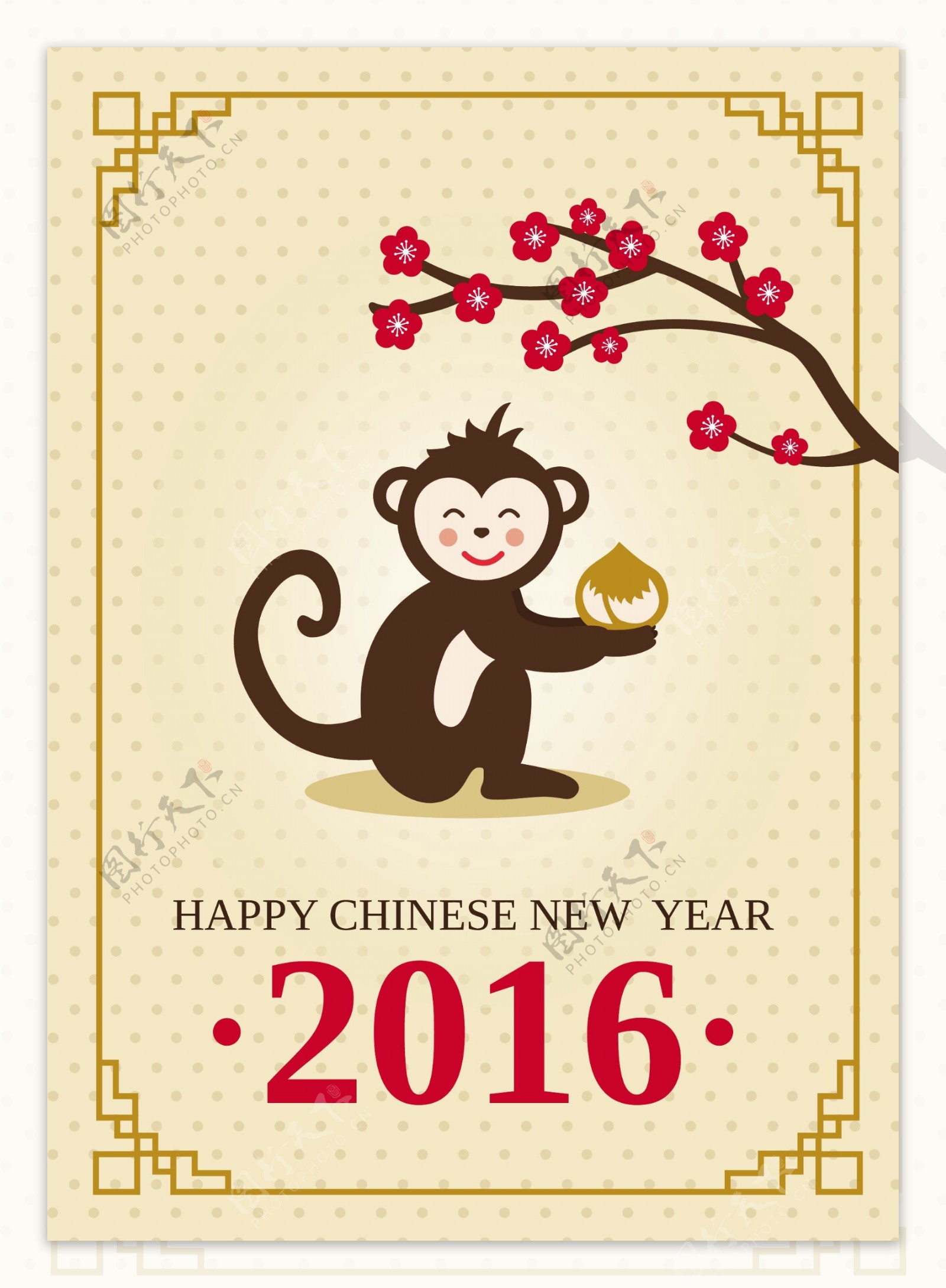 中国的新年贺卡和一只可爱的猴子