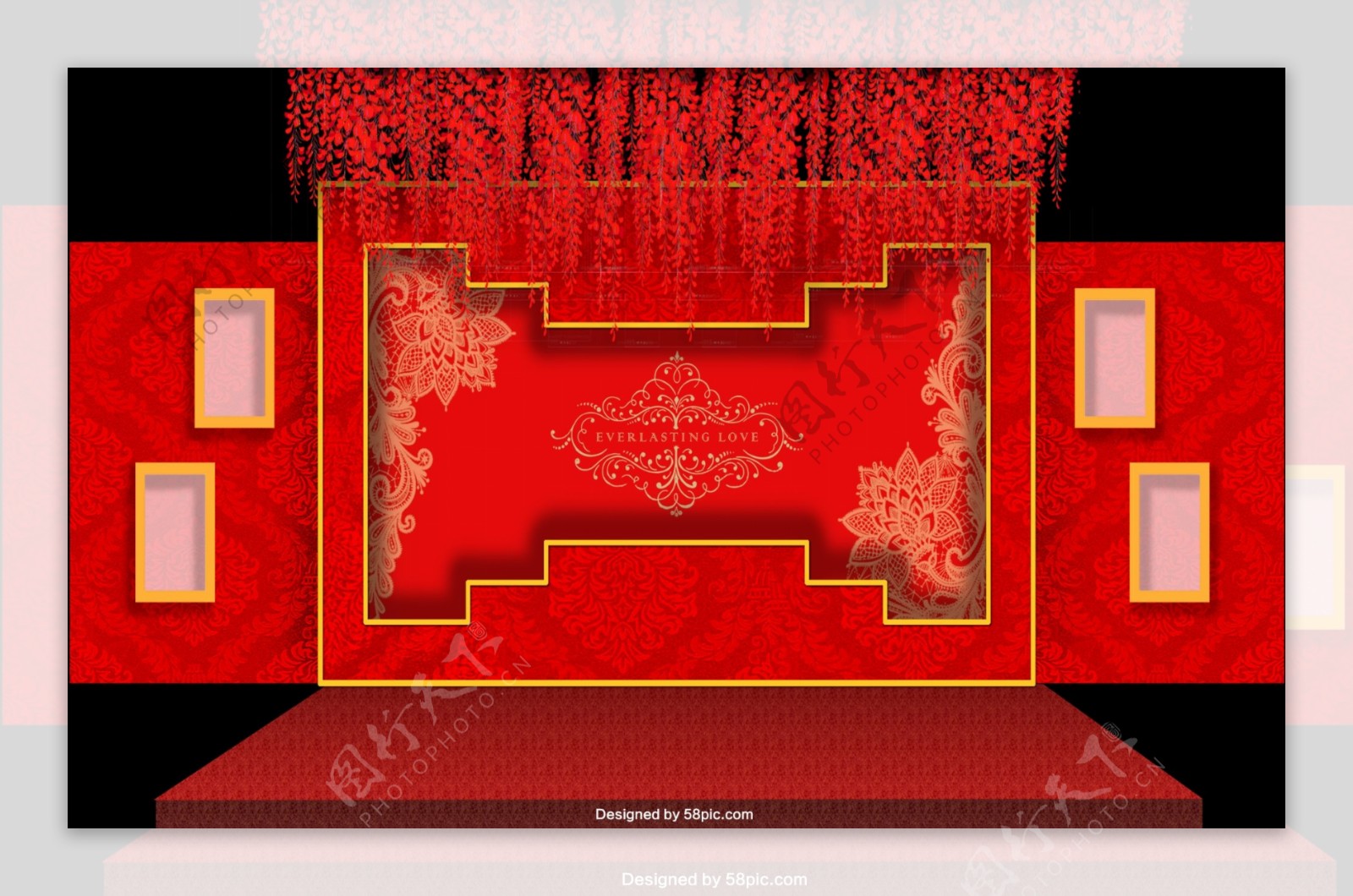 婚庆背景板中式中国红照片墙舞台效果图