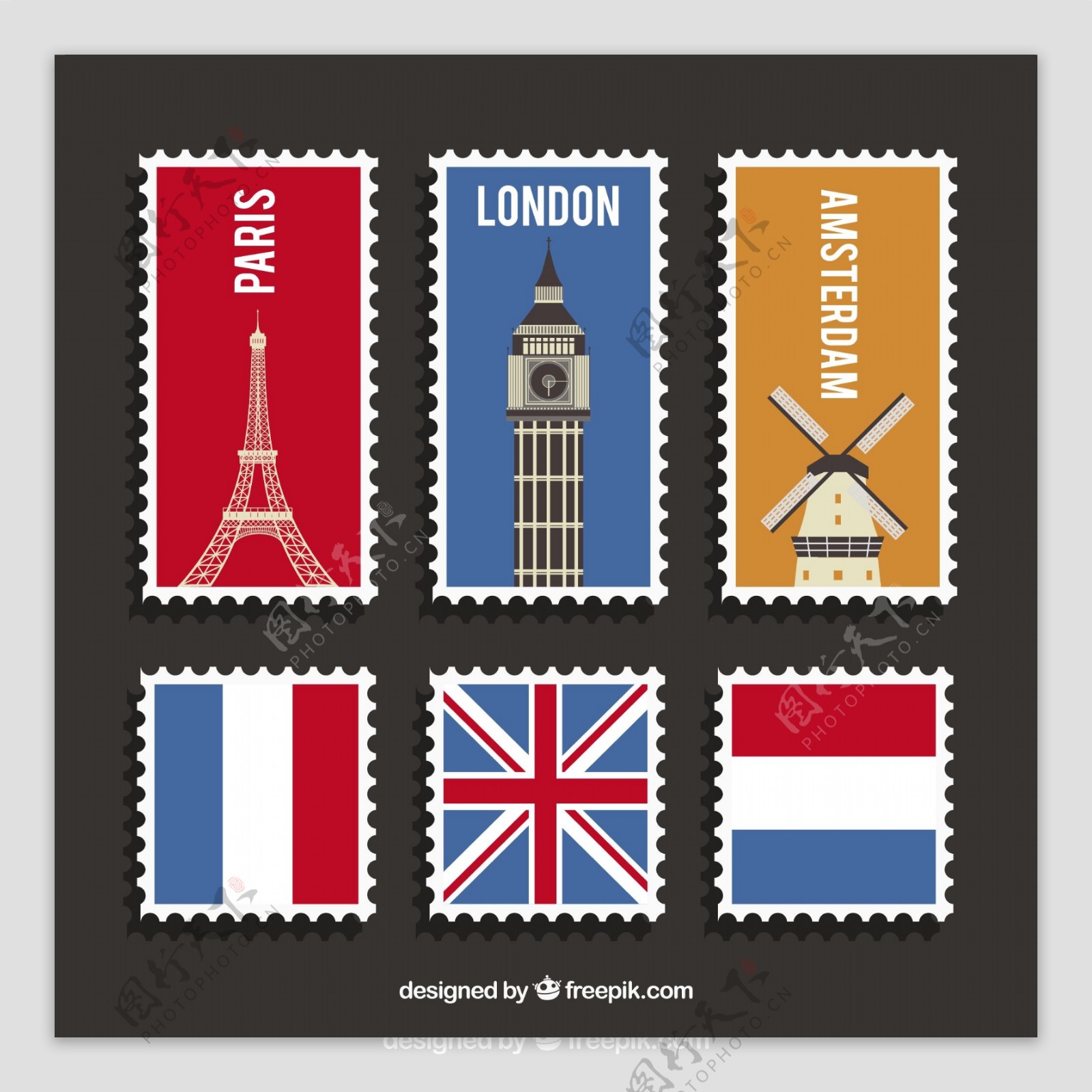各种不同国家邮票图标