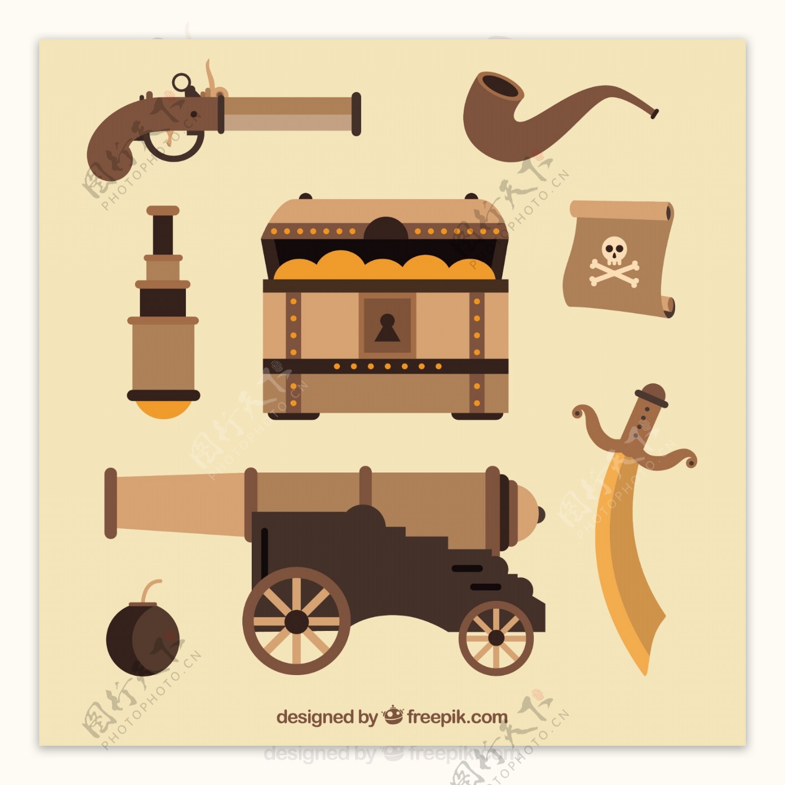 宝箱与海盗元素平面设计图标
