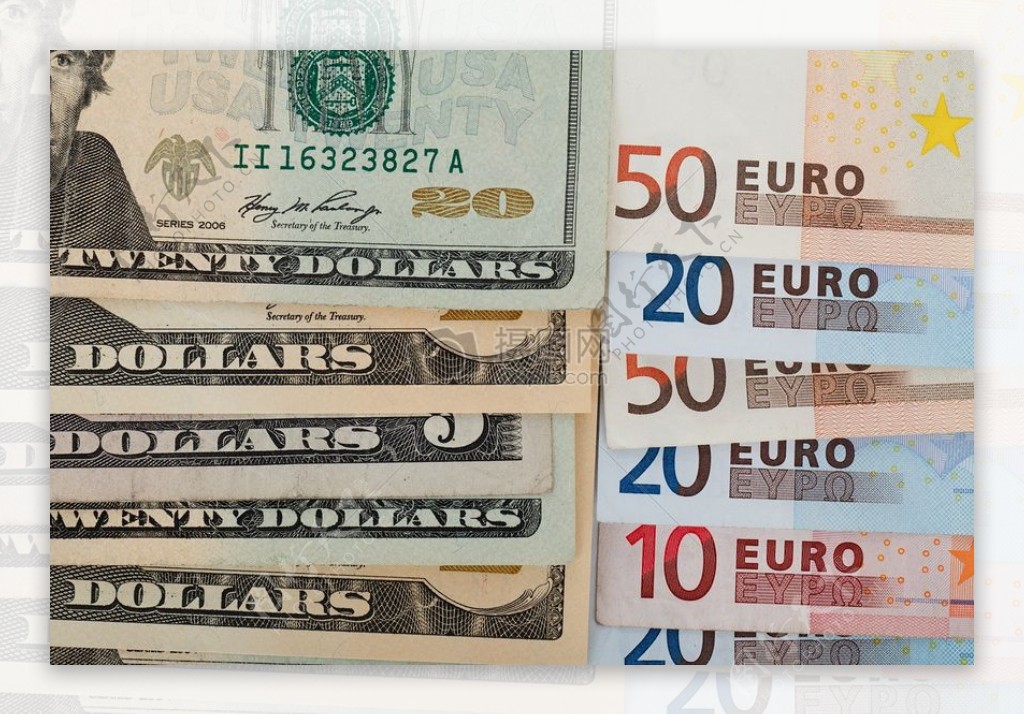 不同金额的美元和欧元钞票
