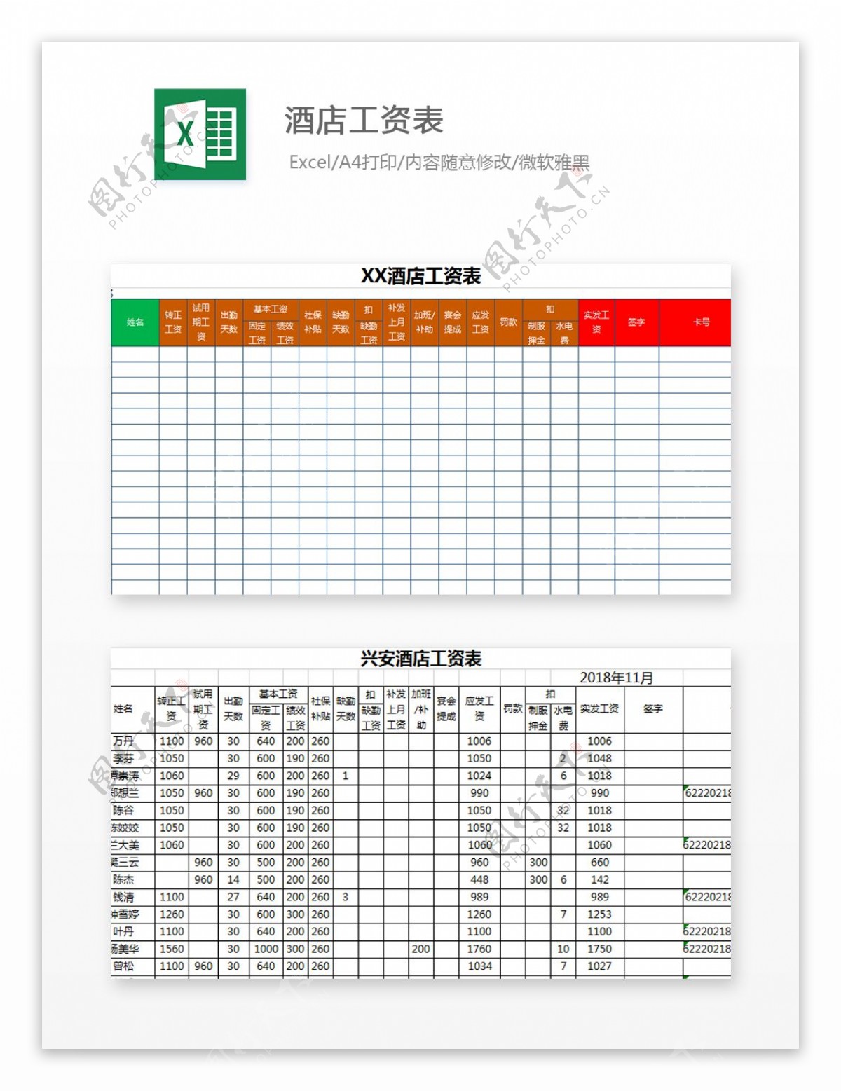 酒店工资表Excel模板