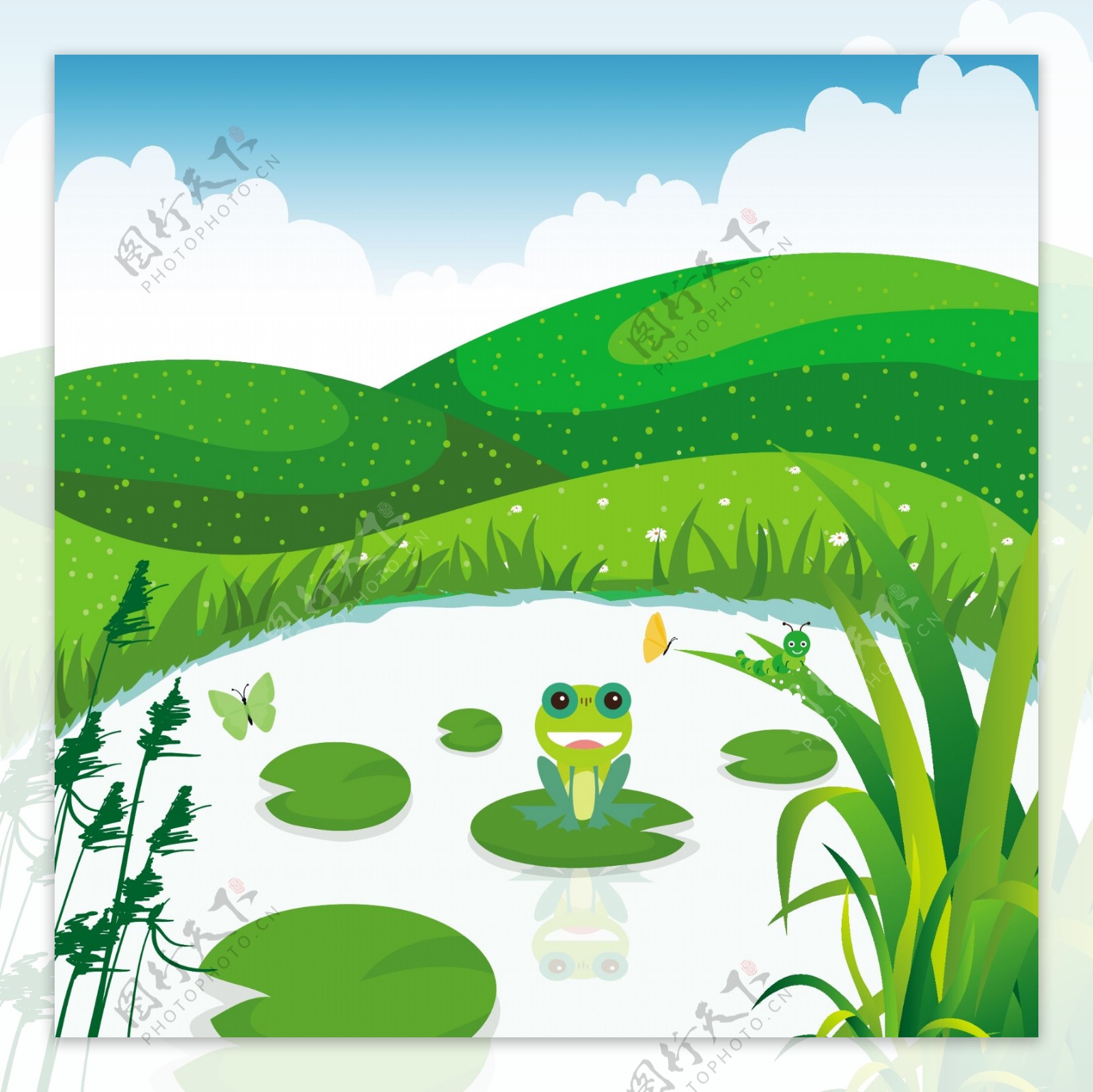 绿色草地池塘青蛙背景图