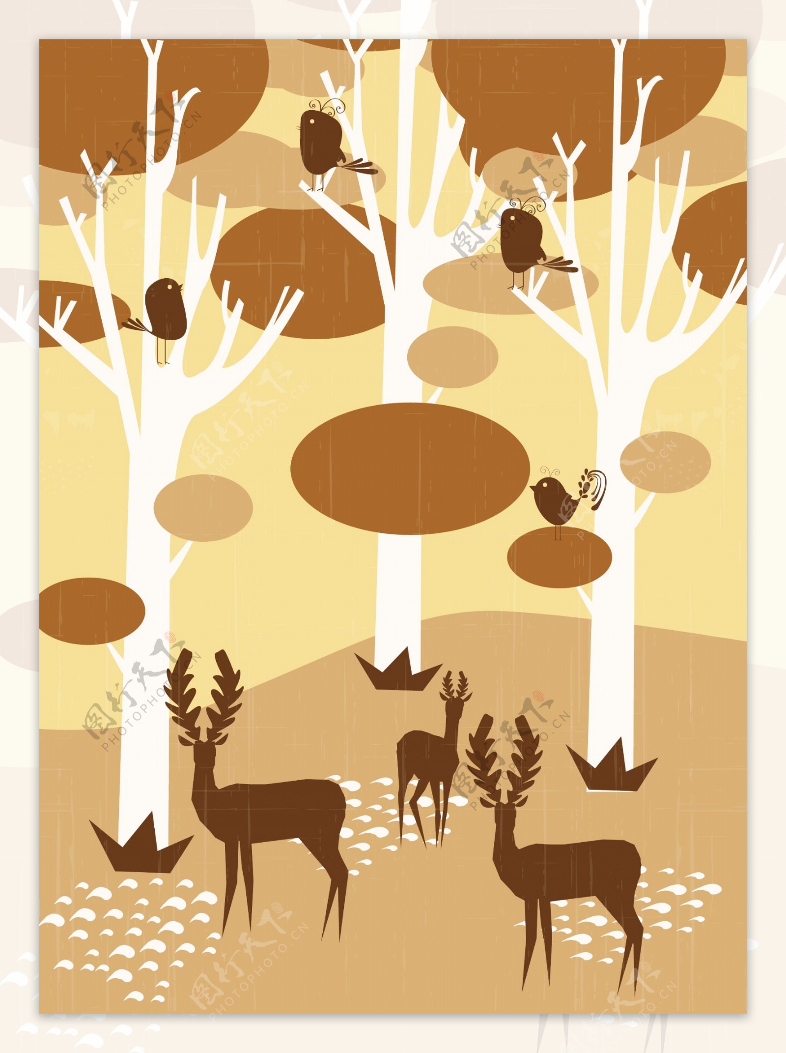 森林动物与大树背景图
