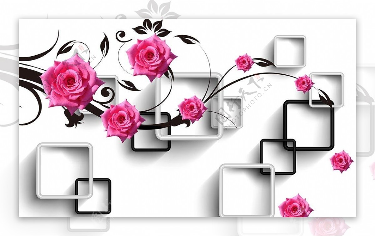 3D方格玫瑰花背景墙