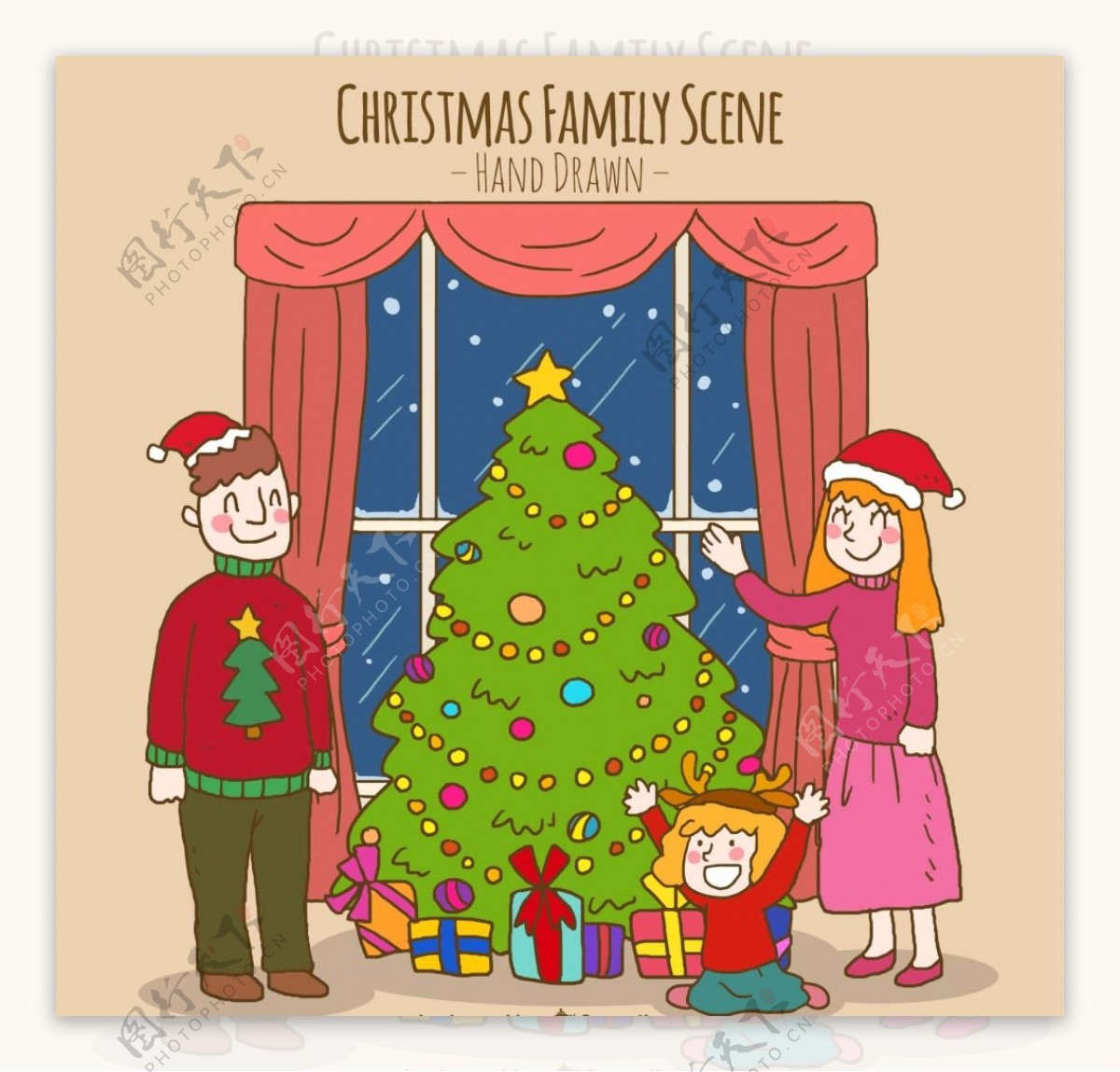 圣诞家庭场景与圣诞树