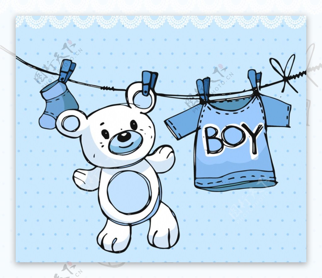 蓝色晾衣绳和玩具熊矢量图图片
