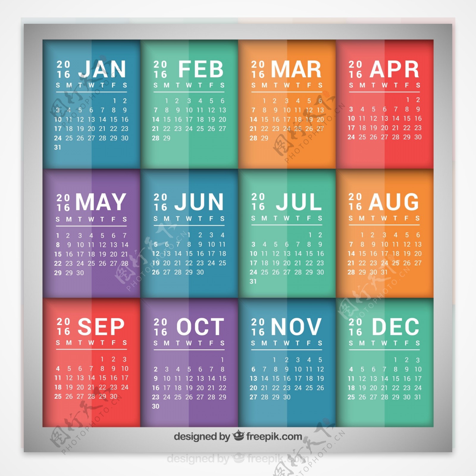 2016彩色长方形年历矢量图图片
