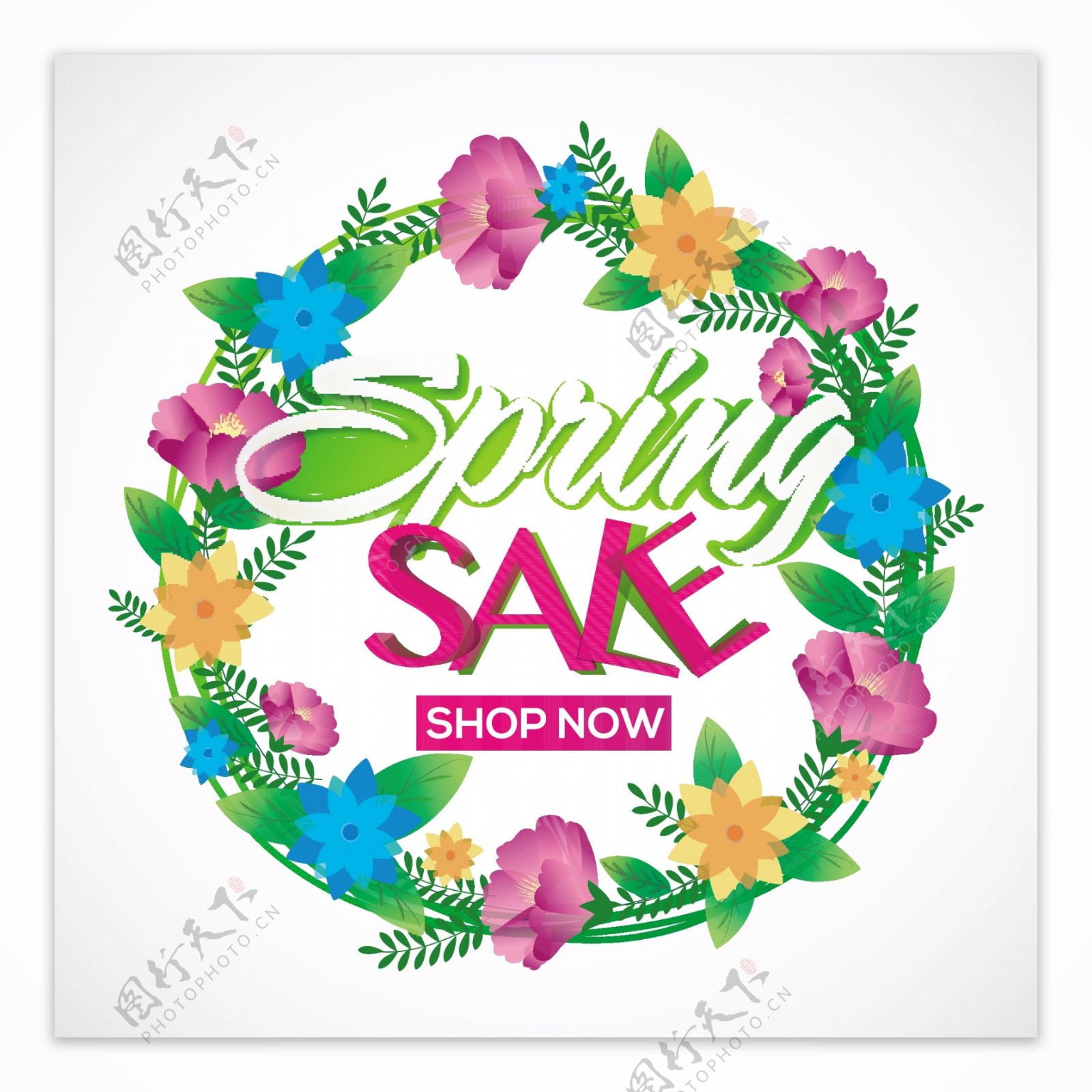 春季销售海报横幅或传单设计装饰美丽的彩色花朵和绿叶