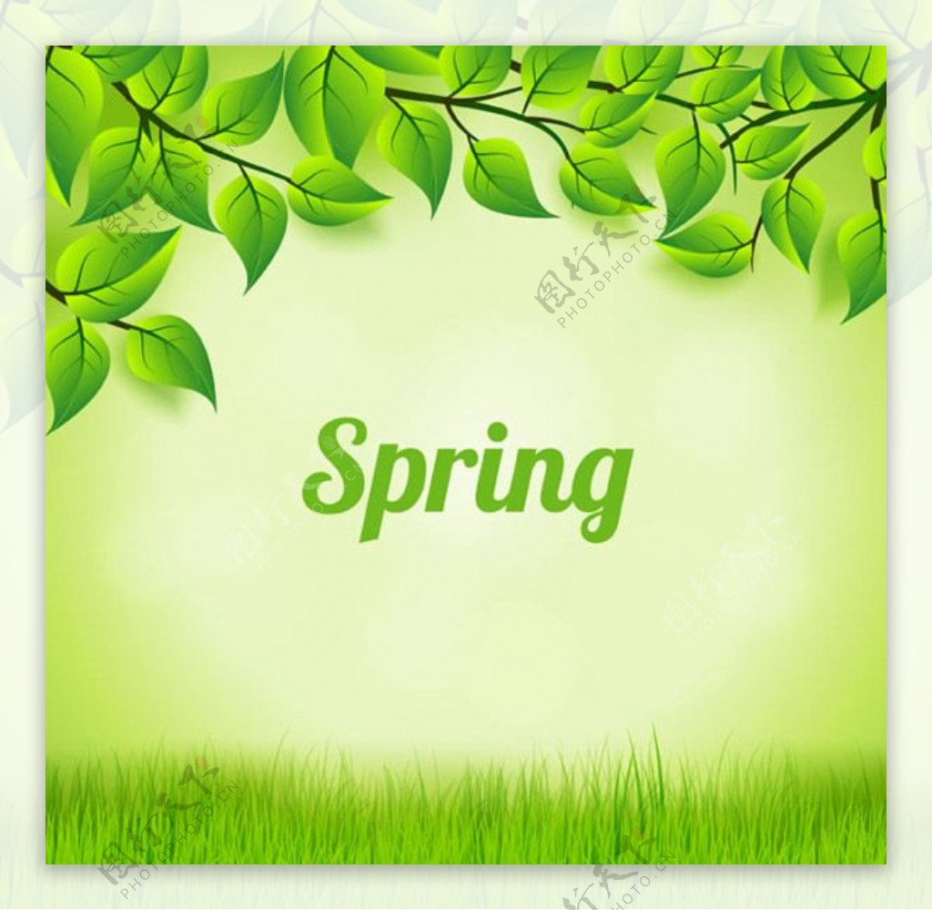 春天绿色树叶与草地矢量素材下载