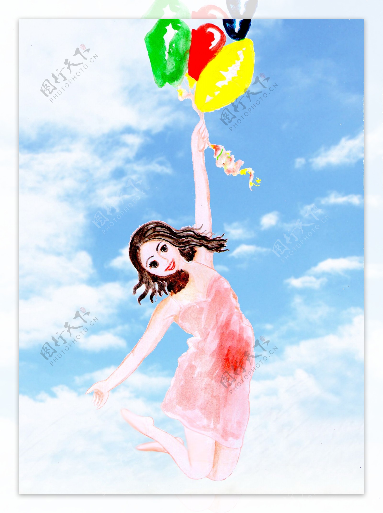 水彩插画彩色气球带少女飞翔