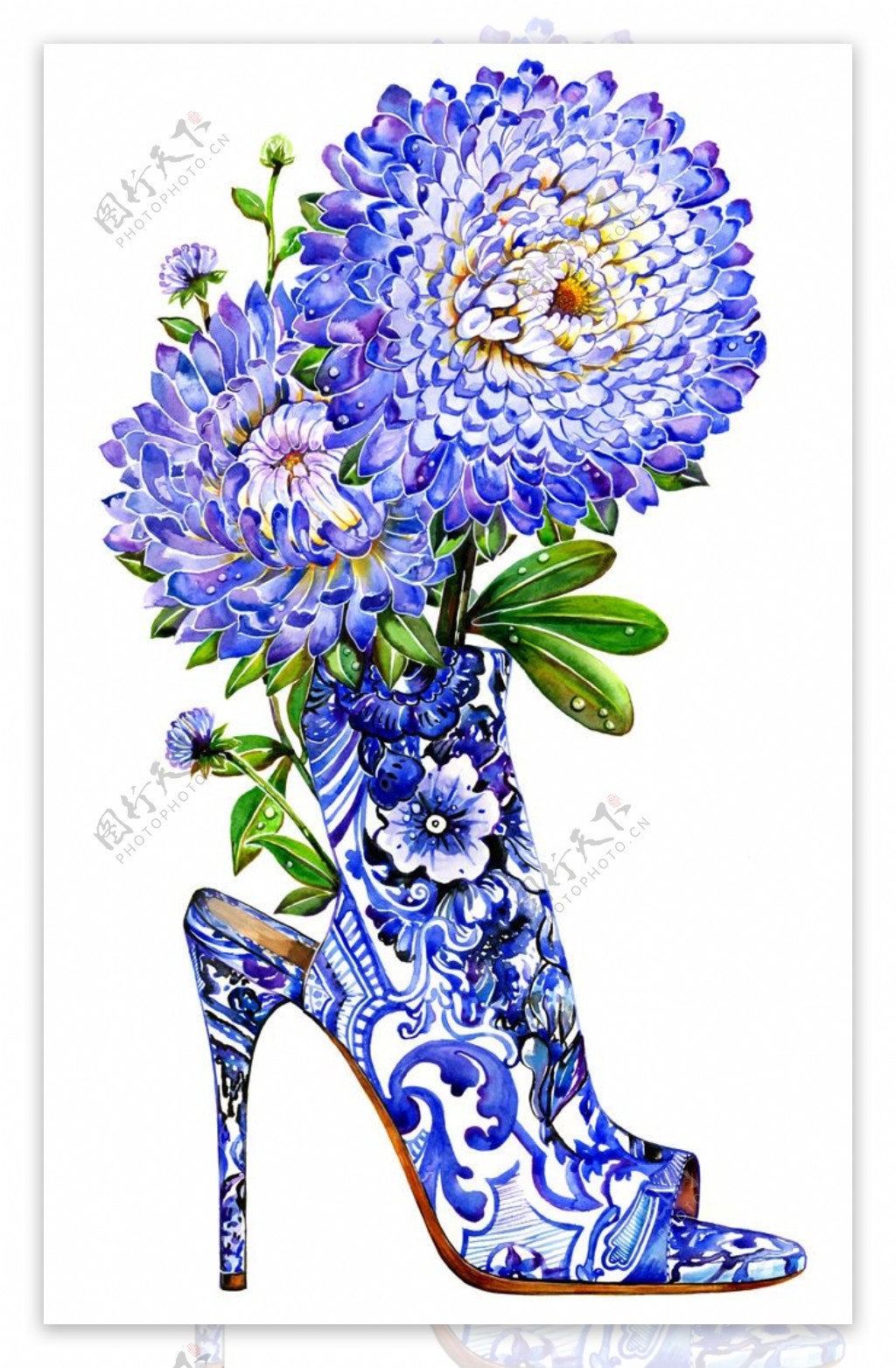 蓝色花朵高跟鞋设计图