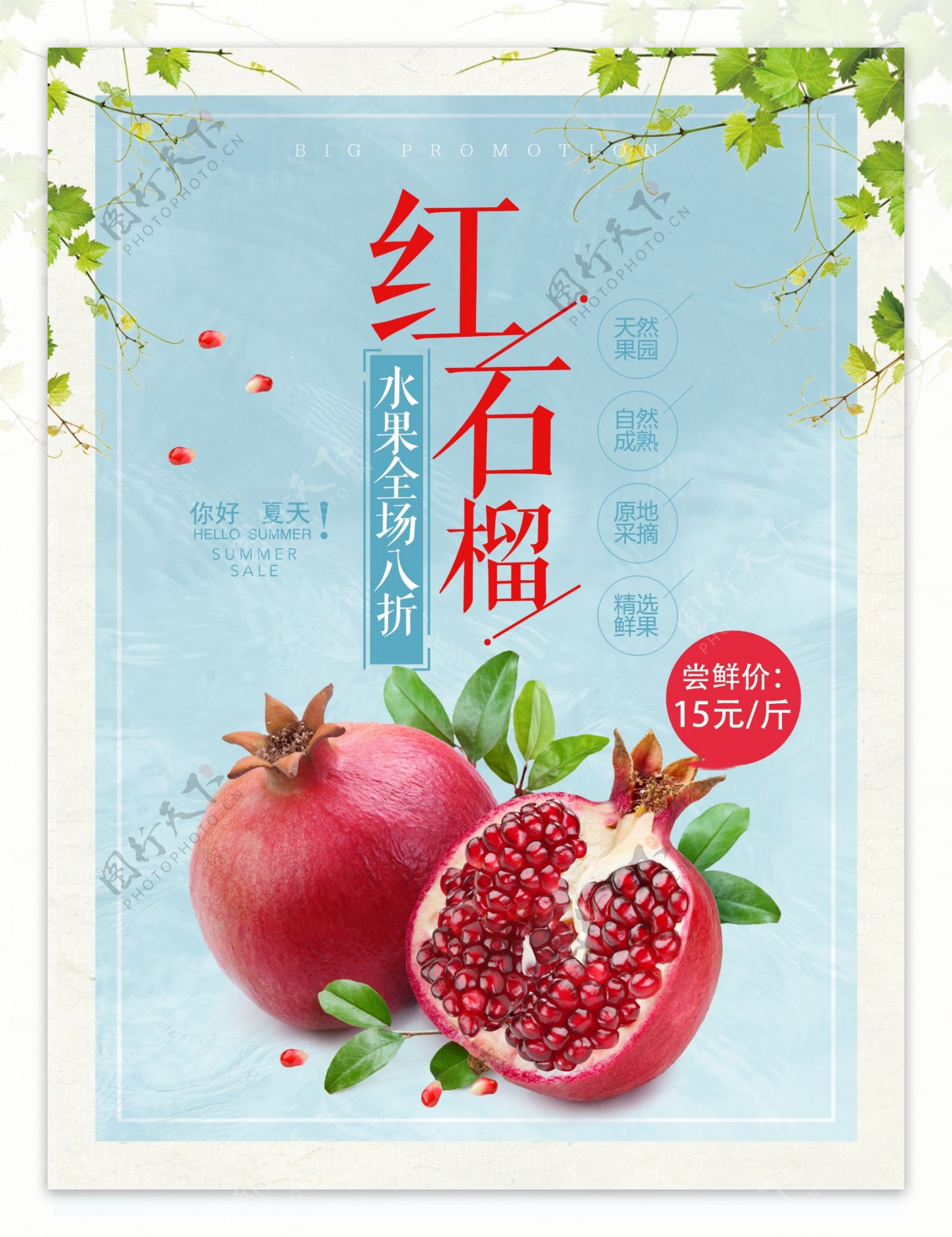 清新红石榴水果促销海报