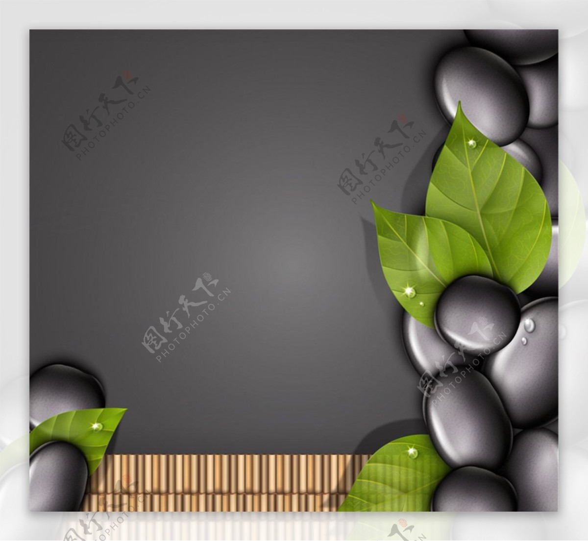 黑色鹅卵石和树叶背景矢量图