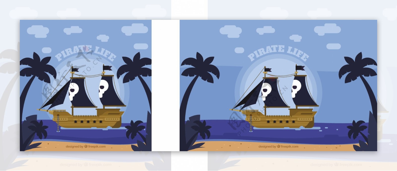 蓝色调海盗船沙滩椰树剪影平面设计背景
