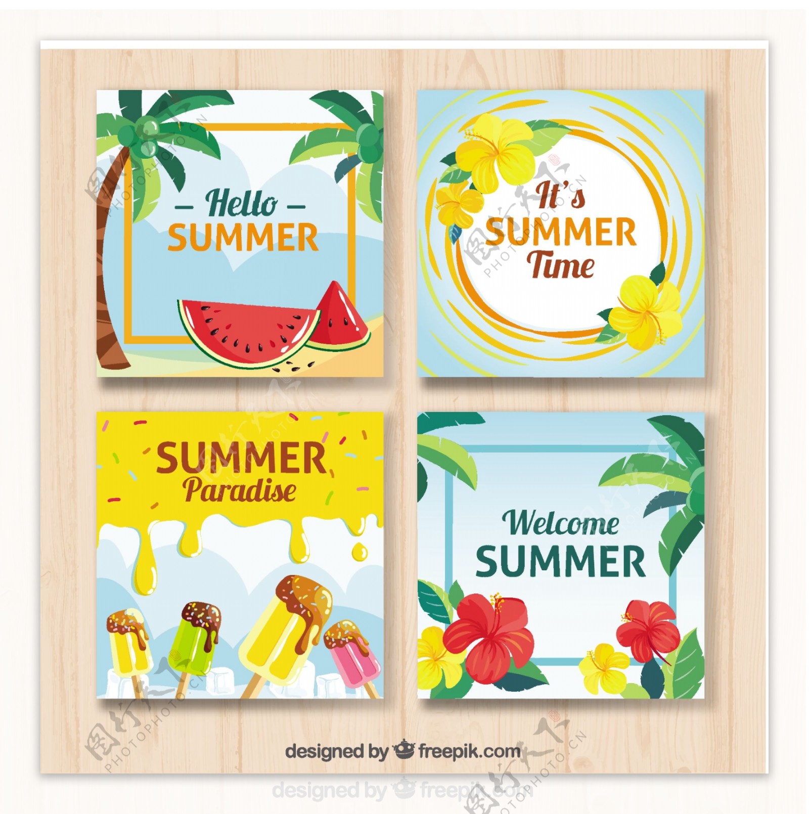 各种夏季彩色元素冰淇淋椰树背景