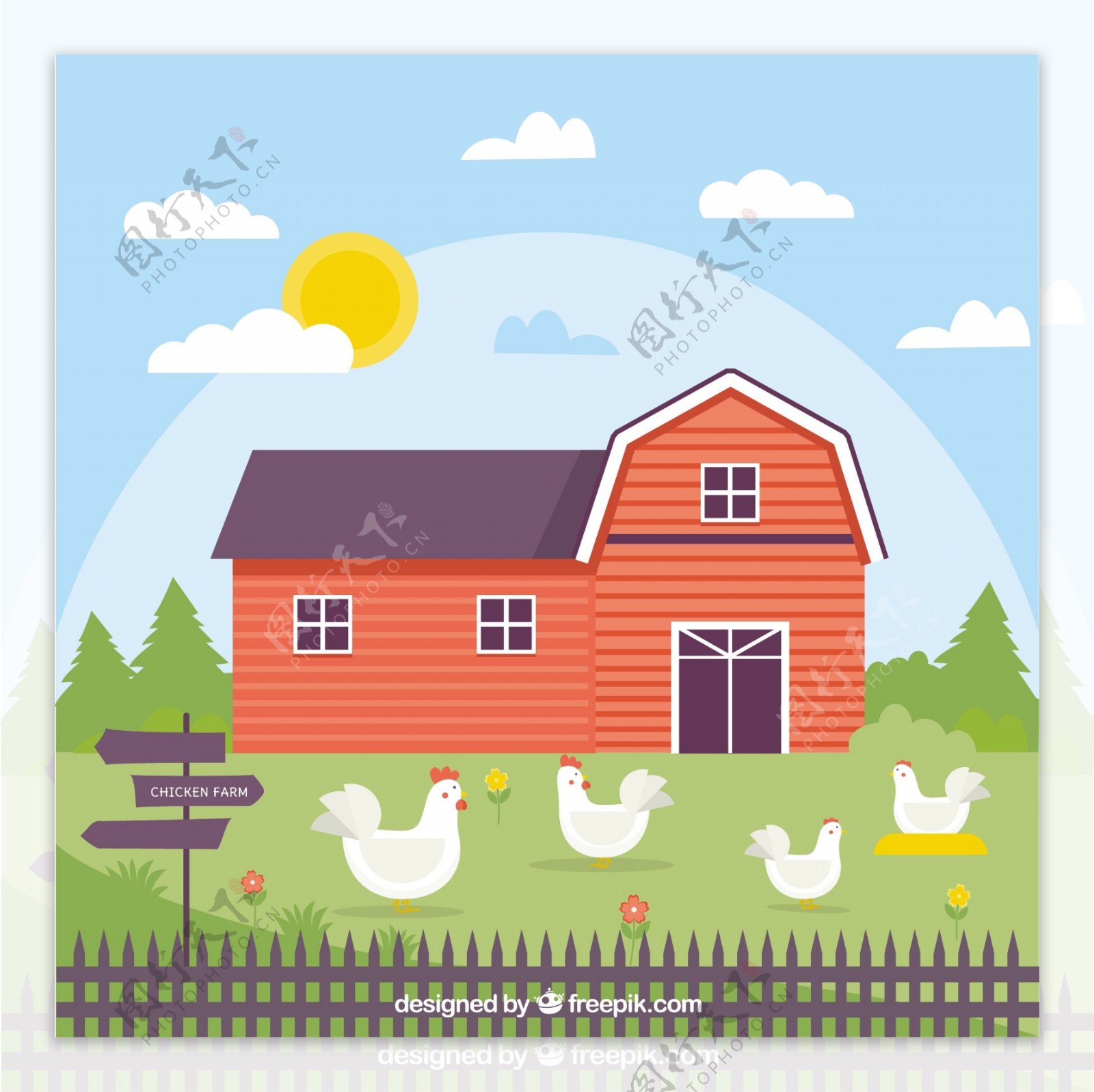 漂亮农场房屋母鸡公鸡和小鸡插图