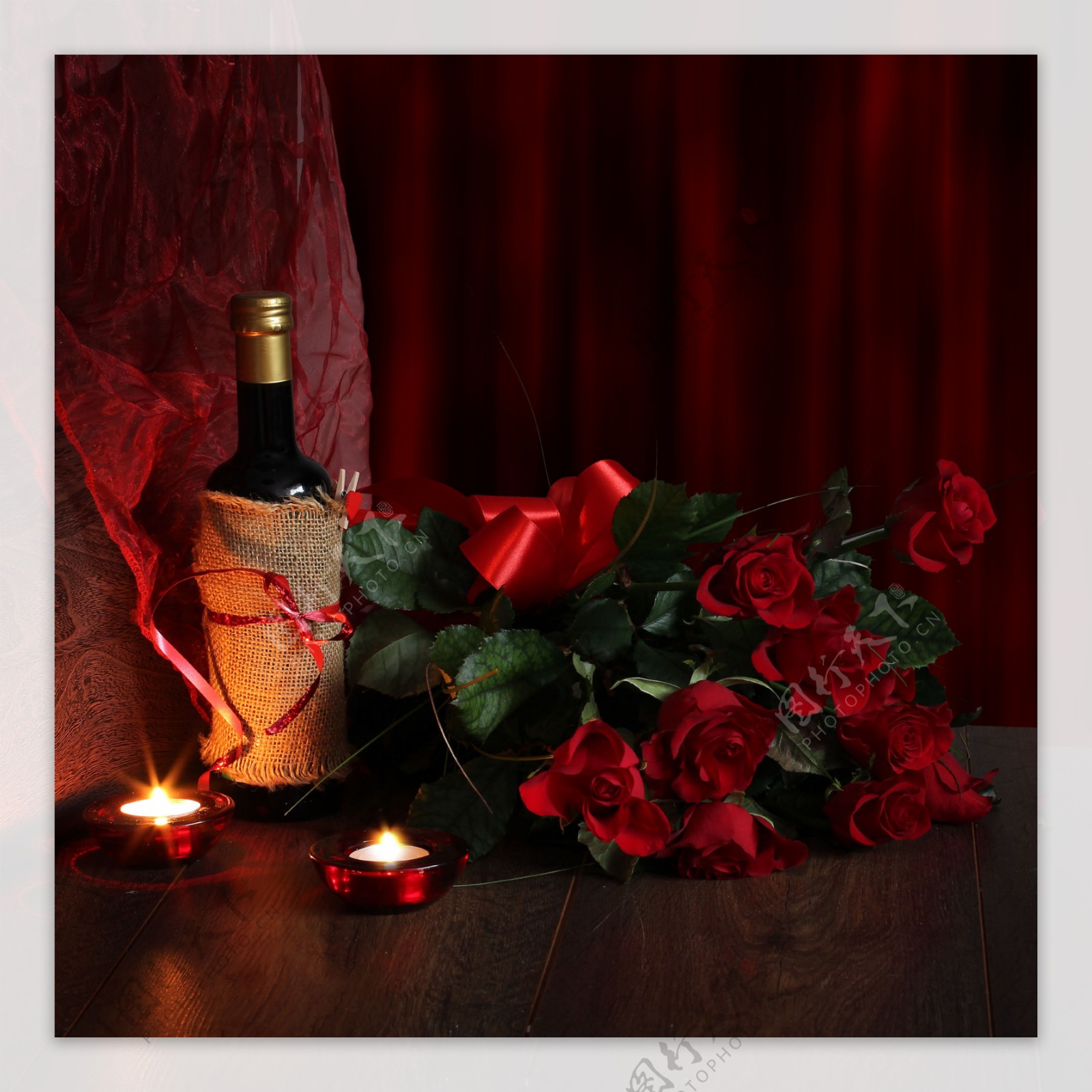 浪漫红酒玫瑰花蜡烛图片