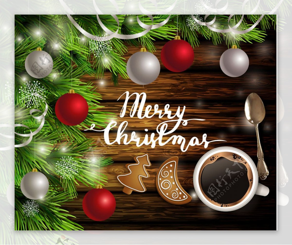 圣诞节咖啡和圣诞球图片
