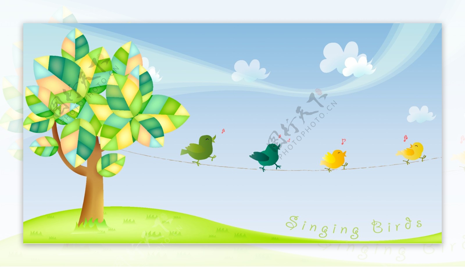 卡通春季树木与鸟背景矢量素材图片