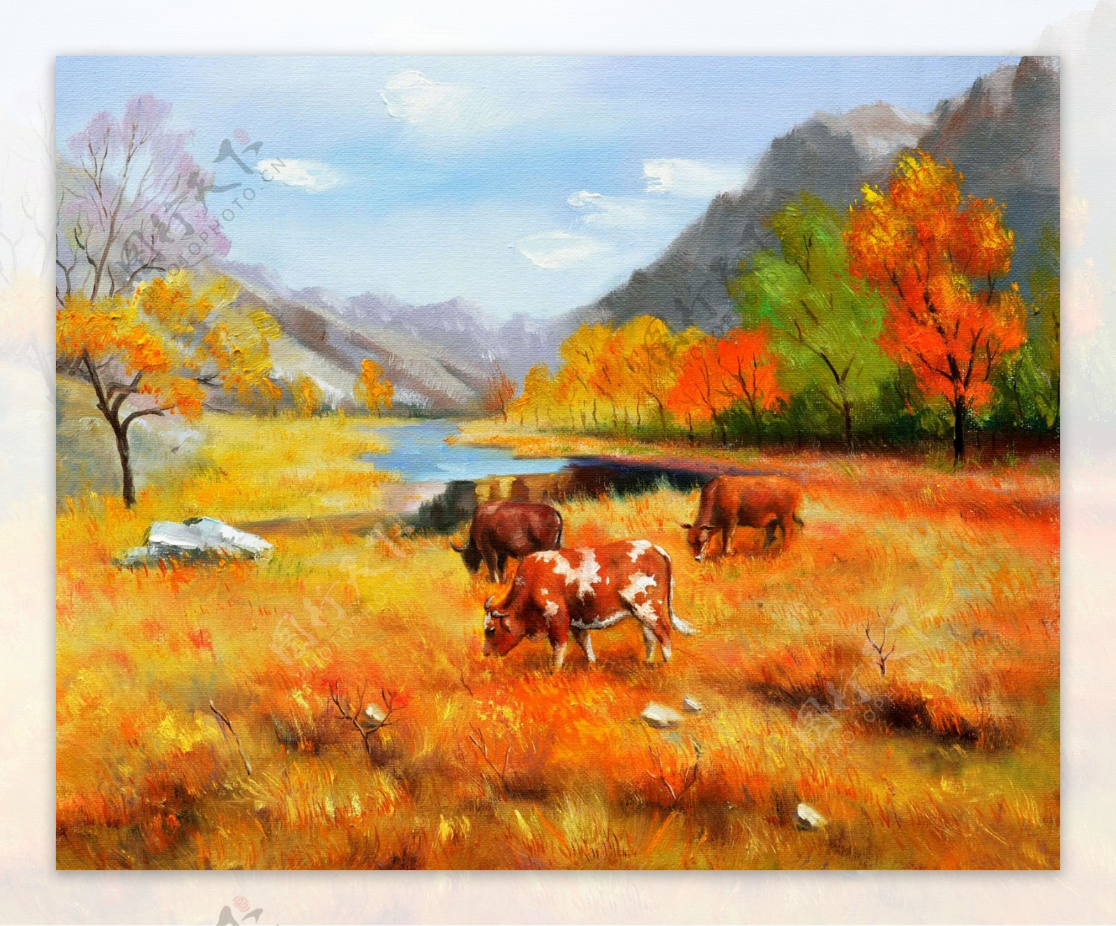 秋天牧场风景油画图片