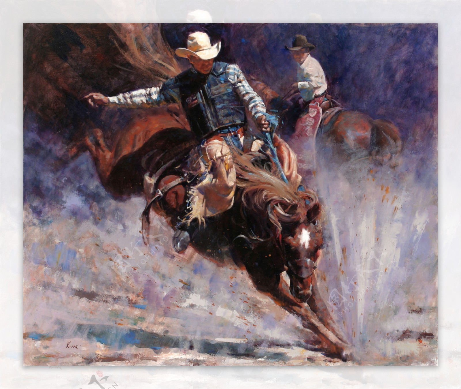骑马的牛仔油画图片