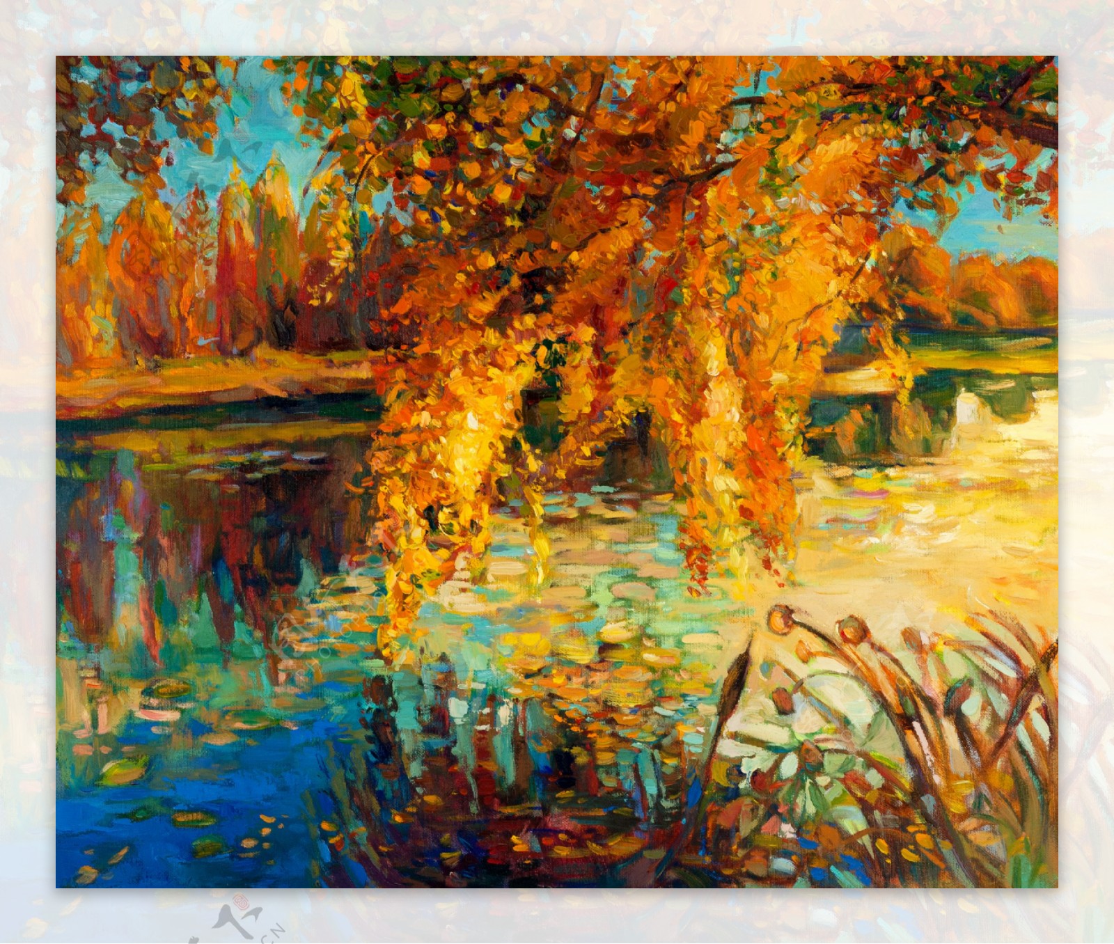绚丽的河面树林秋景油画图片