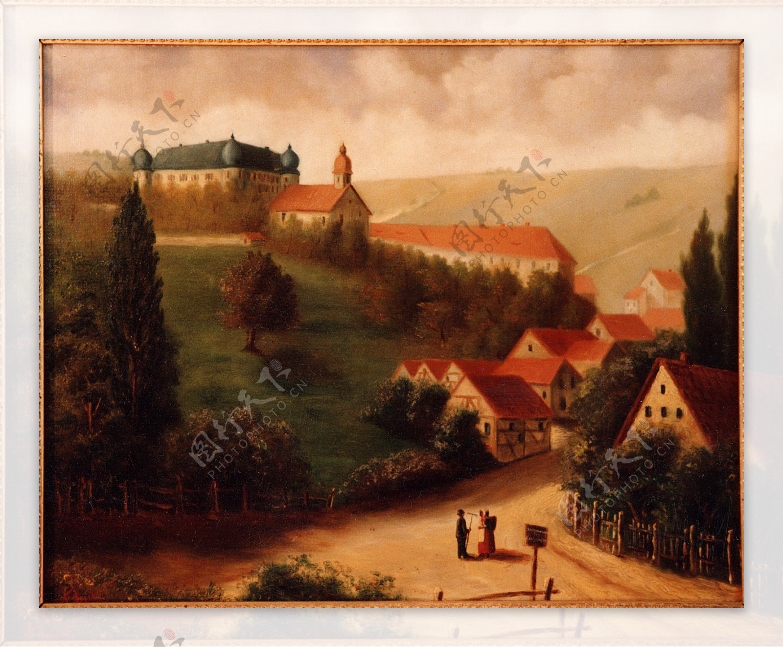 山腰上的村庄油画图片