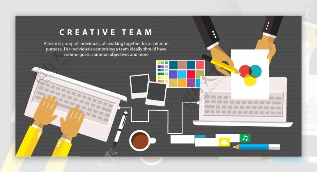 创意团队的概念与工作手免费矢量插图