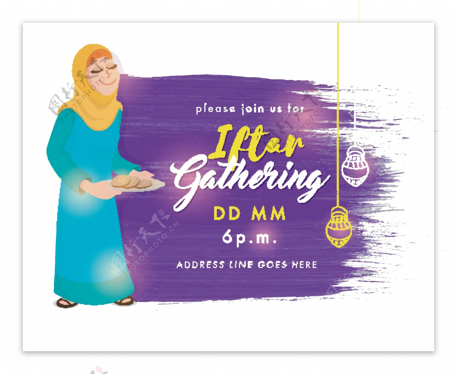RamadanKareem开斋聚会邀请卡的设计抽象的笔触背景与穆斯林妇女提供食物的插图