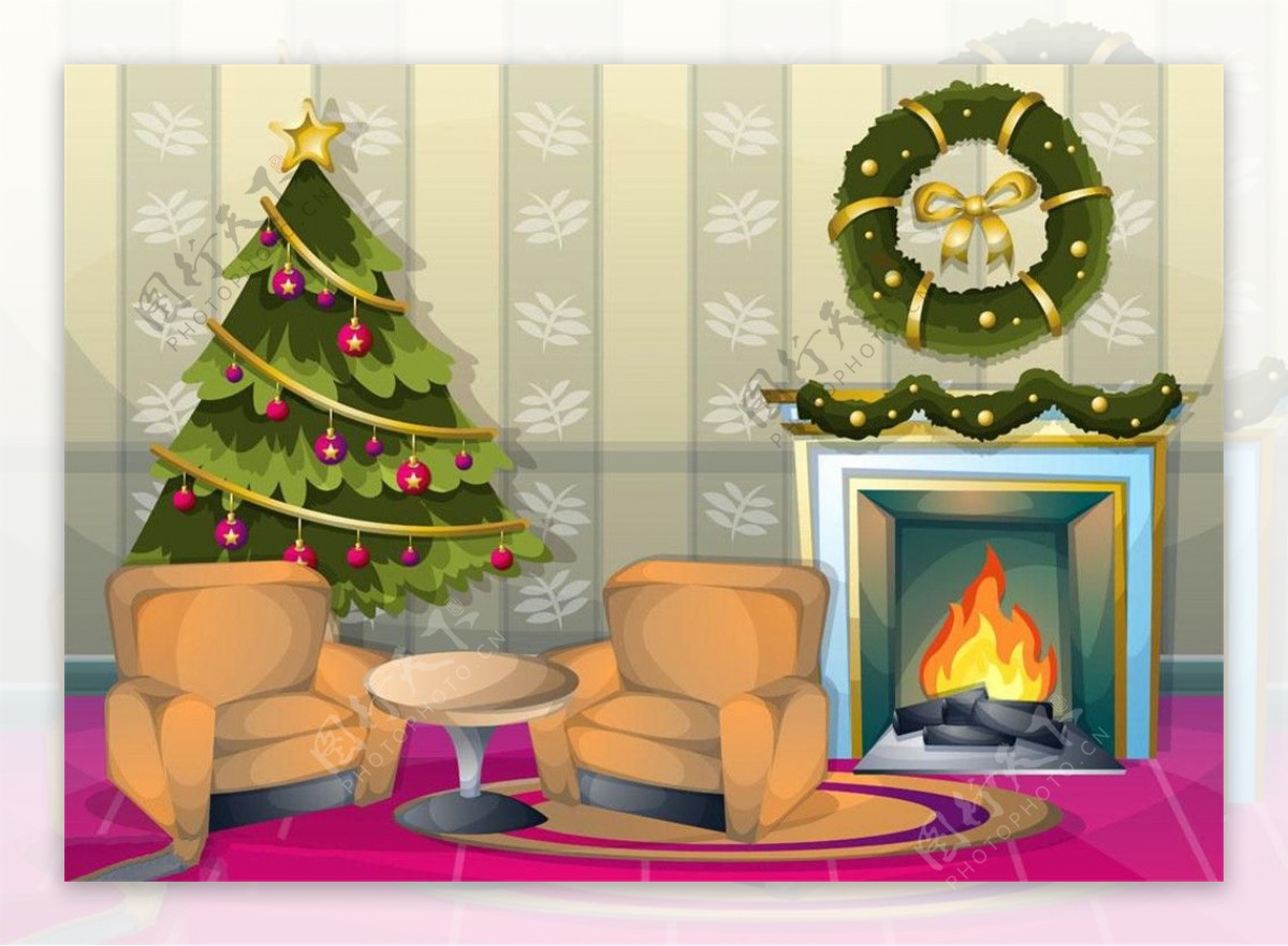 房屋里的家具与圣诞树图片