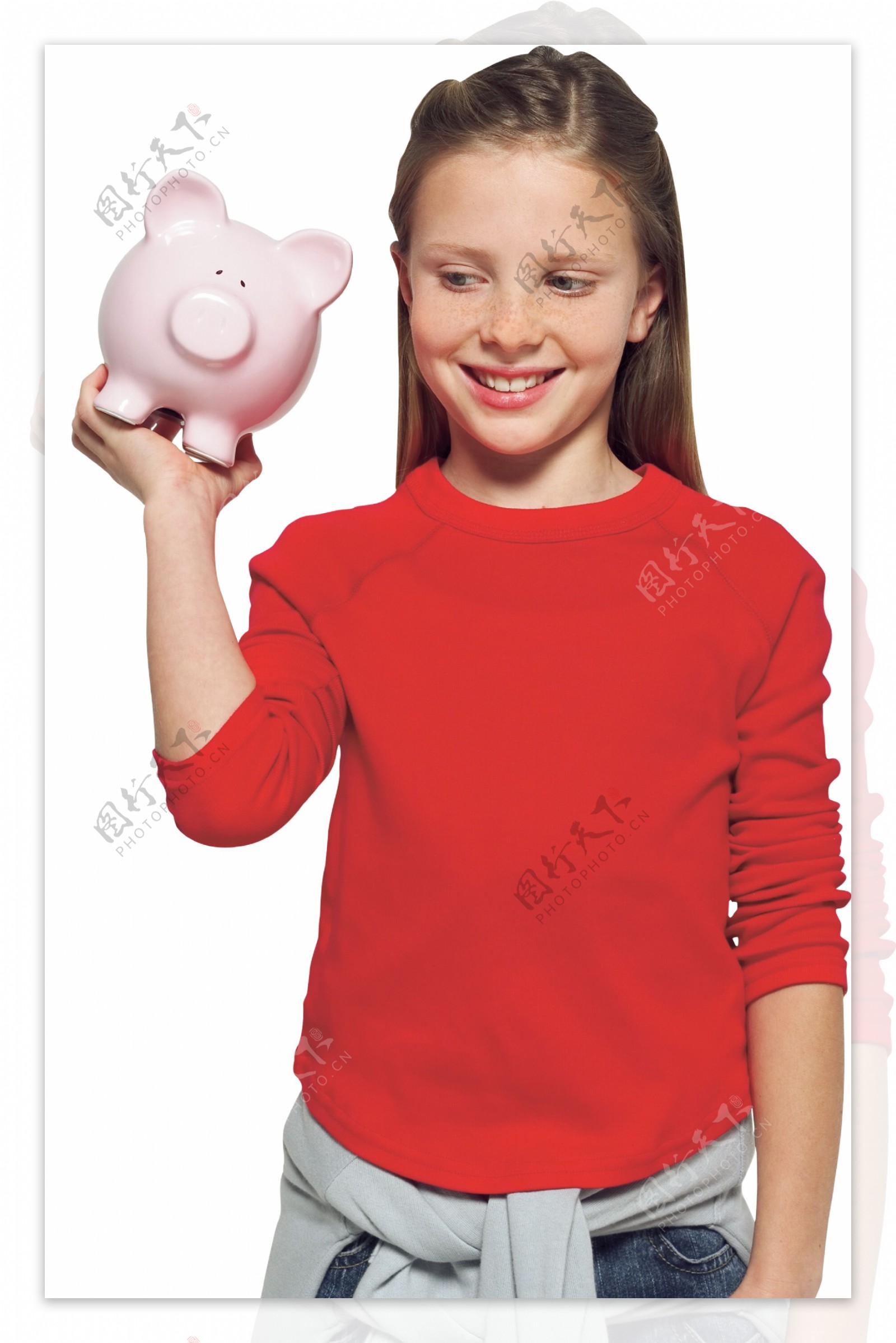 手托储钱猪的小女孩图片