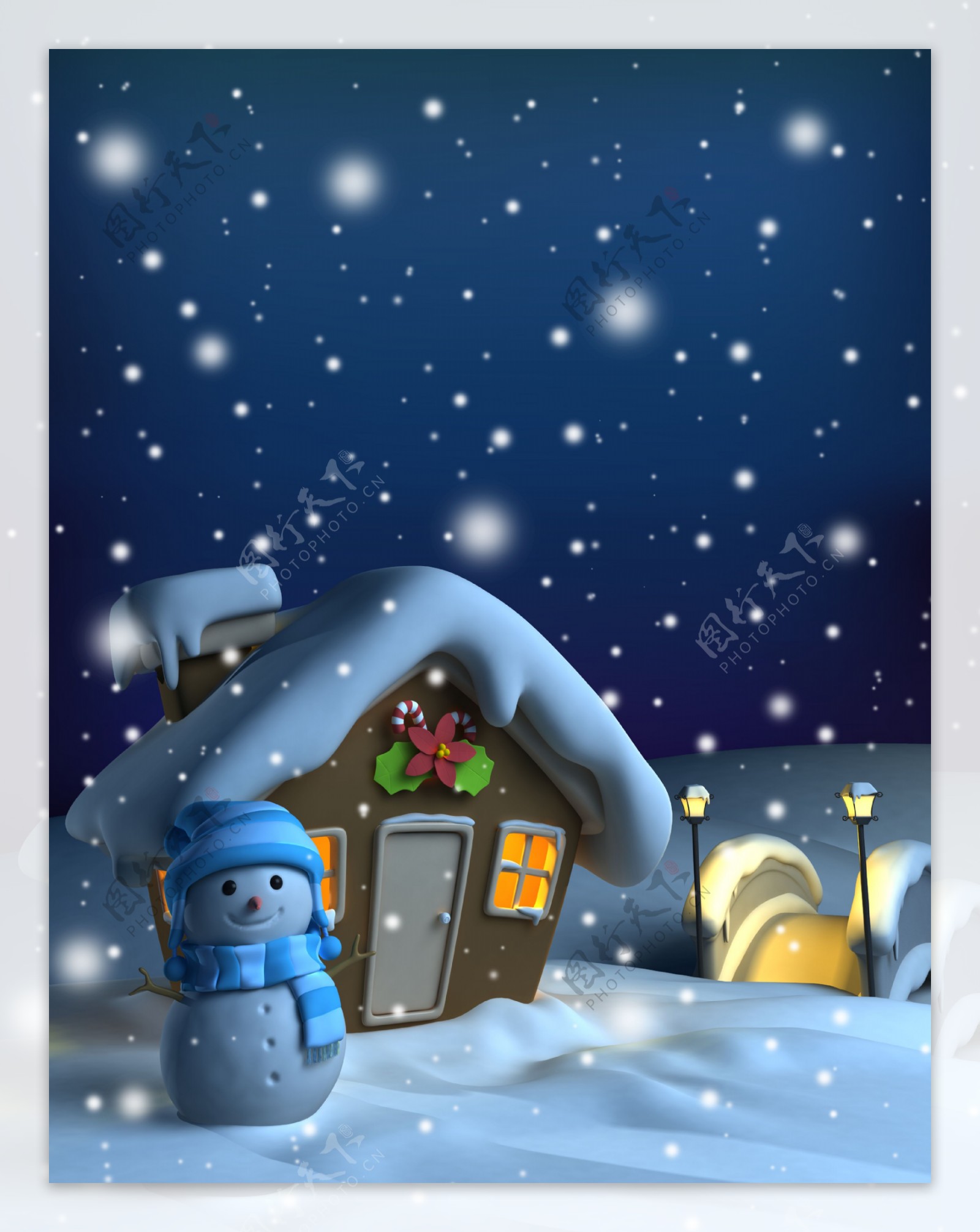 雪地上的雪人房屋卡通画图片