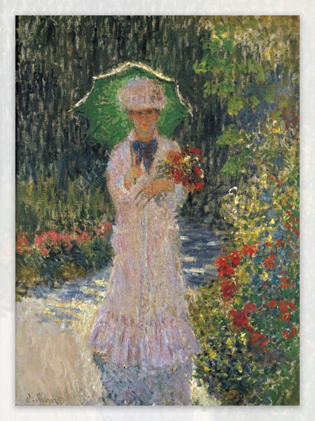打伞拿着鲜花的贵妇油画图片