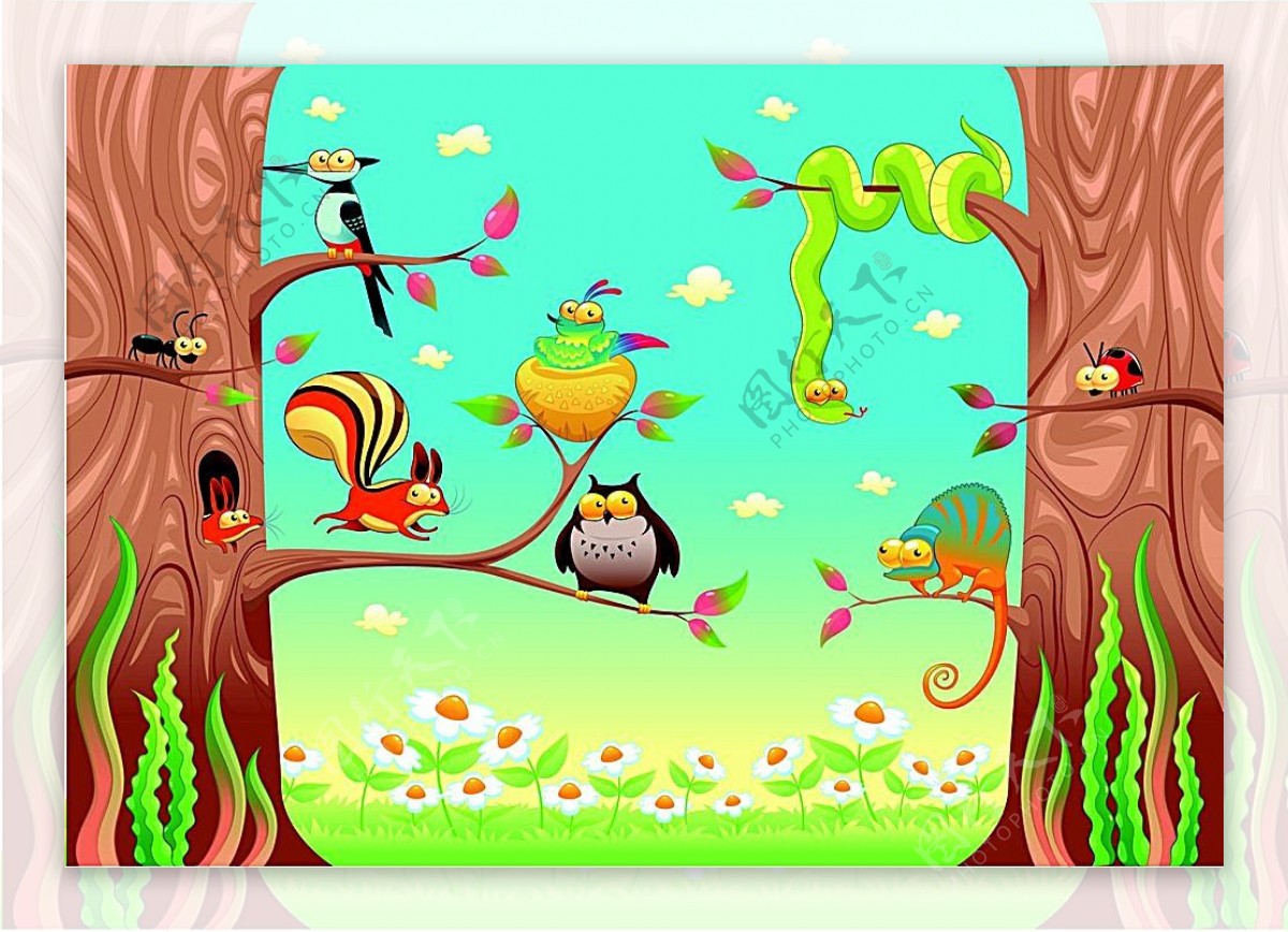 树枝上的可爱动物卡通画