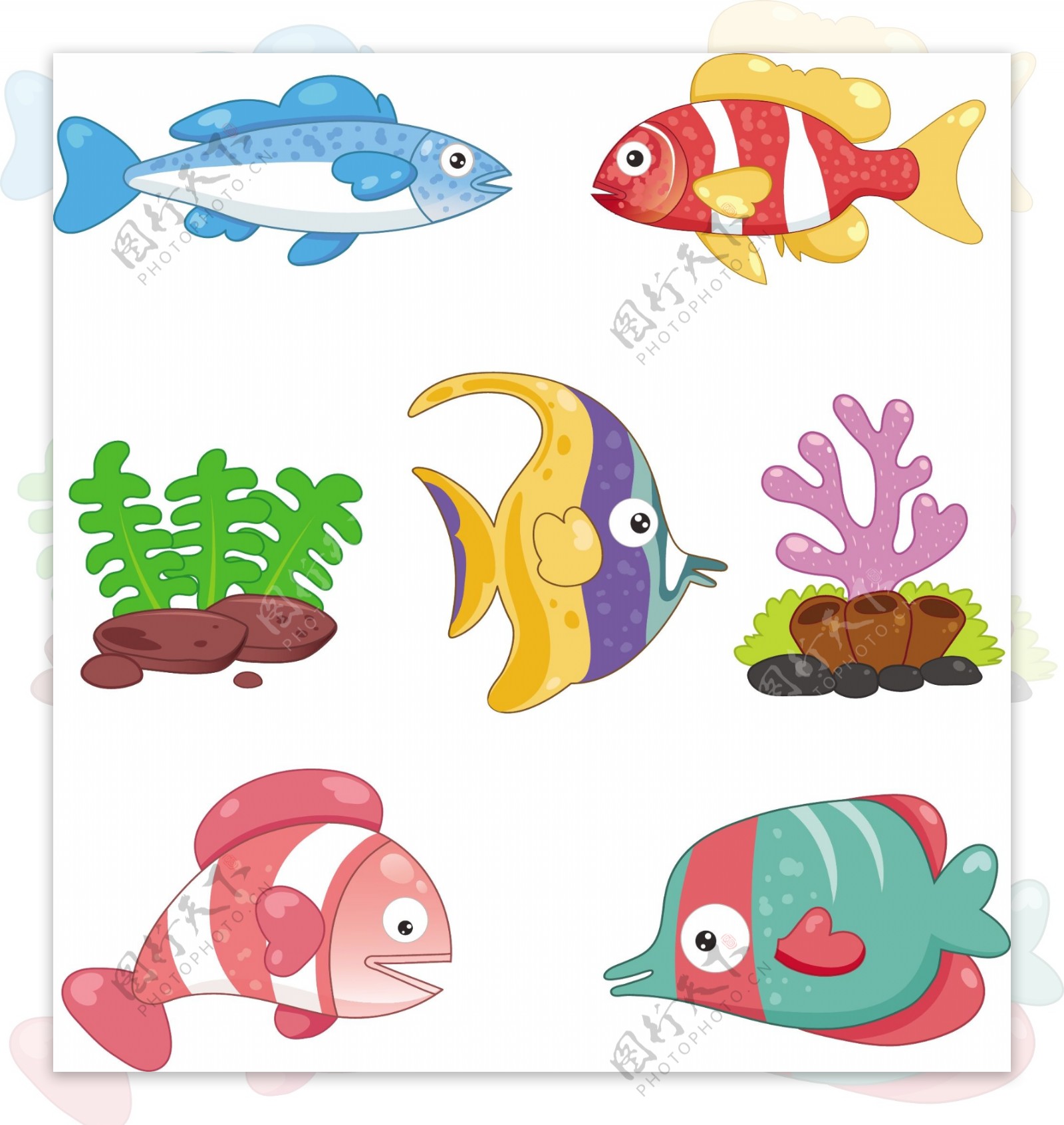 一组彩色海洋鱼类元素