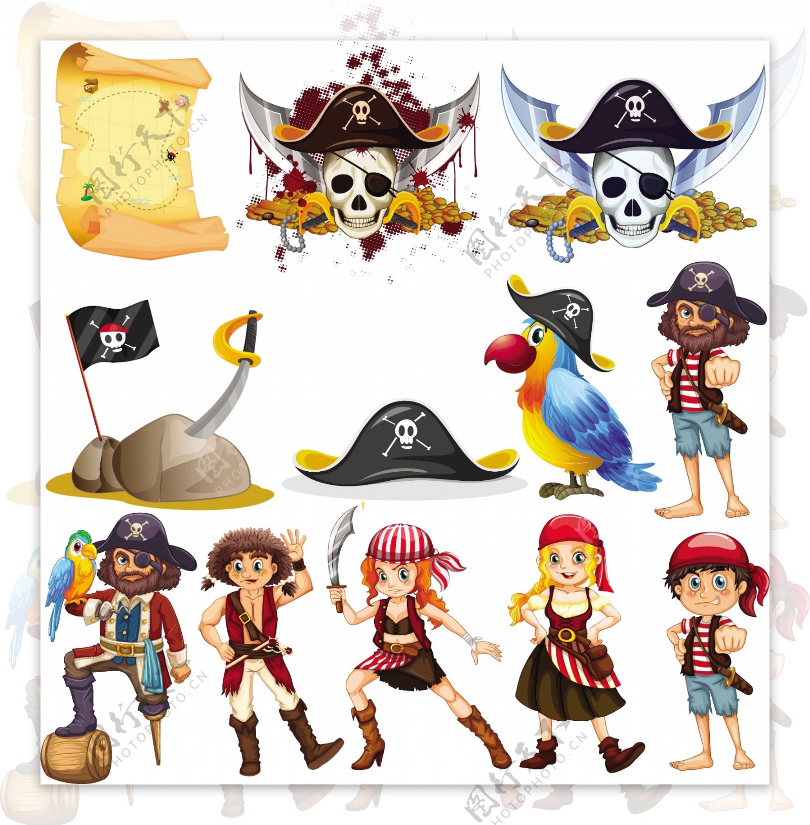 不同海盗角色与海盗符号插画