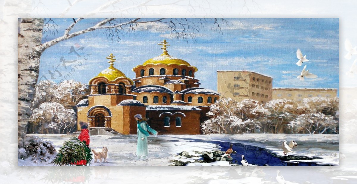 油画风景冬天的教堂